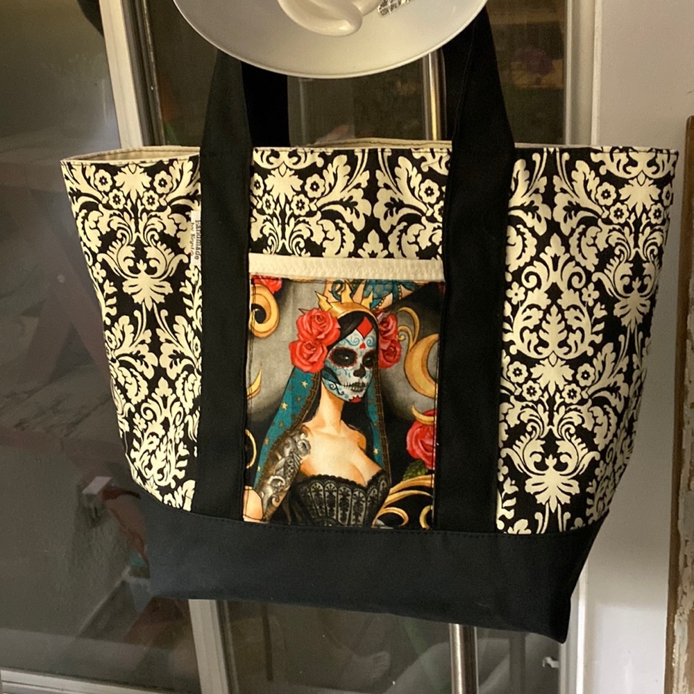 Large Hand Crafted lined exotic gothic Tote Bag Noctura Tattoo Woman
